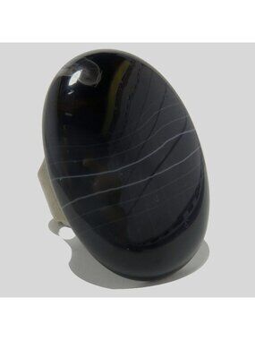Onyx Ring Strength Black Big Oval Gem Antique Bronze Adjustable Size 5 to 11 Boh